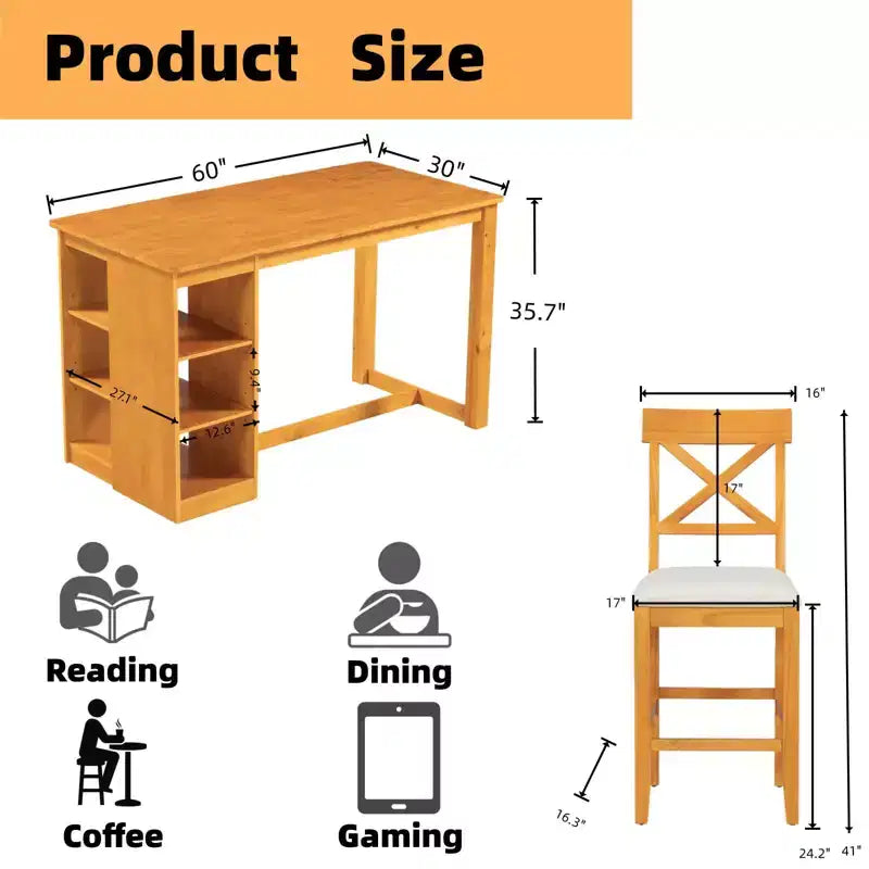 Mesa de comedor de madera maciza FurnitureR para 4 personas con estantes de almacenamiento, mesa de cocina rectangular y 4 sillas para comedor, rincón de desayuno o apartamento