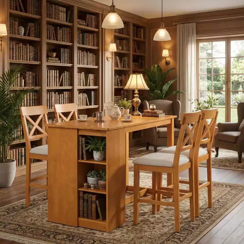 Mesa de comedor de madera maciza FurnitureR para 4 personas con estantes de almacenamiento, mesa de cocina rectangular y 4 sillas para comedor, rincón de desayuno o apartamento