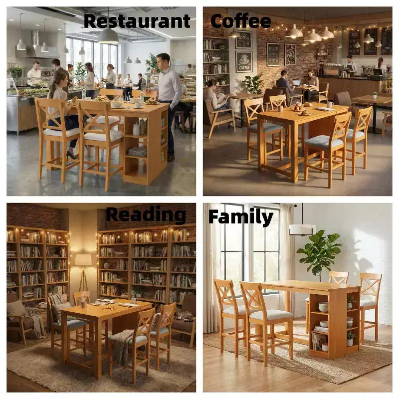 Mesa de comedor de madera maciza FurnitureR para 4 personas con estantes de almacenamiento, mesa de cocina rectangular y 4 sillas para comedor, rincón de desayuno o apartamento