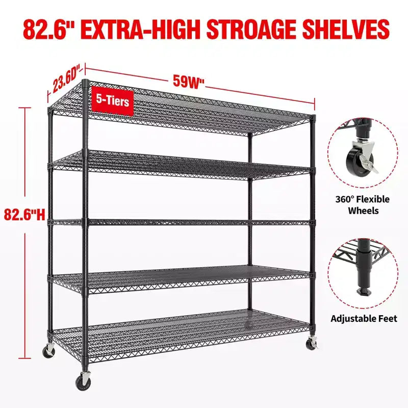 Estantería de Almacenamiento de 73 pulgadas de alto, estantería resistente de 2640 libras con ruedas y patas, estantería de garaje de 4 niveles para despensa, garaje, cocina, hogar, uso comercial