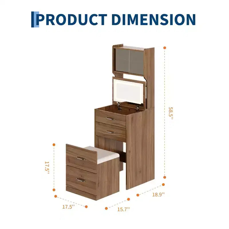 Tocador 3 en 1, tocador de maquillaje compacto, mesa de tocador, espejo de tocador de mesita de noche, joyero, silla acolchada oculta