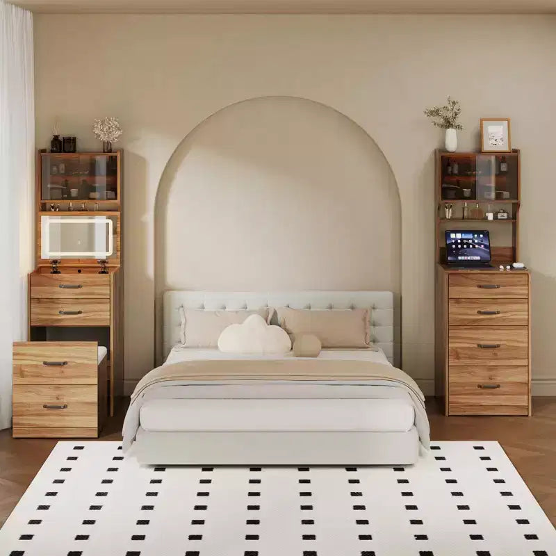Tocador 3 en 1, tocador de maquillaje compacto, mesa de tocador, espejo de tocador de mesita de noche, joyero, silla acolchada oculta