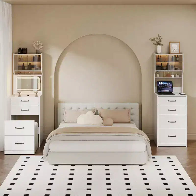 Tocador 3 en 1, tocador de maquillaje compacto, mesa de tocador, espejo de tocador de mesita de noche, joyero, silla acolchada oculta