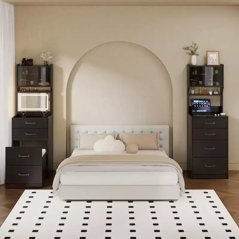 Tocador 3 en 1, tocador de maquillaje compacto, mesa de tocador, espejo de tocador de mesita de noche, joyero, silla acolchada oculta