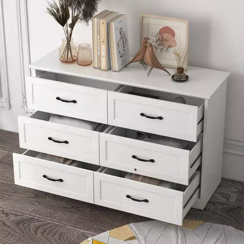 Cómoda de madera de 6 cajones con tiradores metálicos, organizador de cajones moderno estilo rústico para dormitorio y sala de estar
