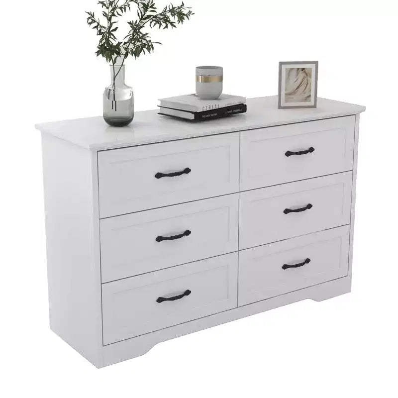 Cómoda de madera de 6 cajones con tiradores metálicos, organizador de cajones moderno estilo rústico para dormitorio y sala de estar