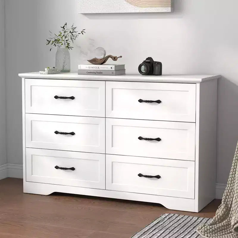 Cómoda de madera de 6 cajones con tiradores metálicos, organizador de cajones moderno estilo rústico para dormitorio y sala de estar