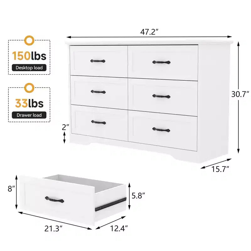 Cómoda de madera de 6 cajones con tiradores metálicos, organizador de cajones moderno estilo rústico para dormitorio y sala de estar