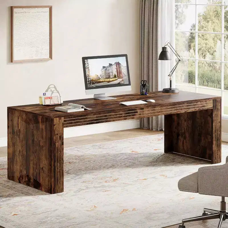 Escritorio Lantine extralargo de 79 pulgadas, escritorio doble para dos personas para oficina en casa, mesa de escritura de computadora larga de madera para oficina, marrón vintage