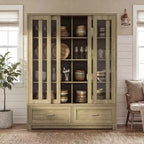 Hitow 63W Gabinete de despensa de cocina rústico de roble con puertas corredizas de vidrio y 2 cajones grandes, alacena alta para comedor