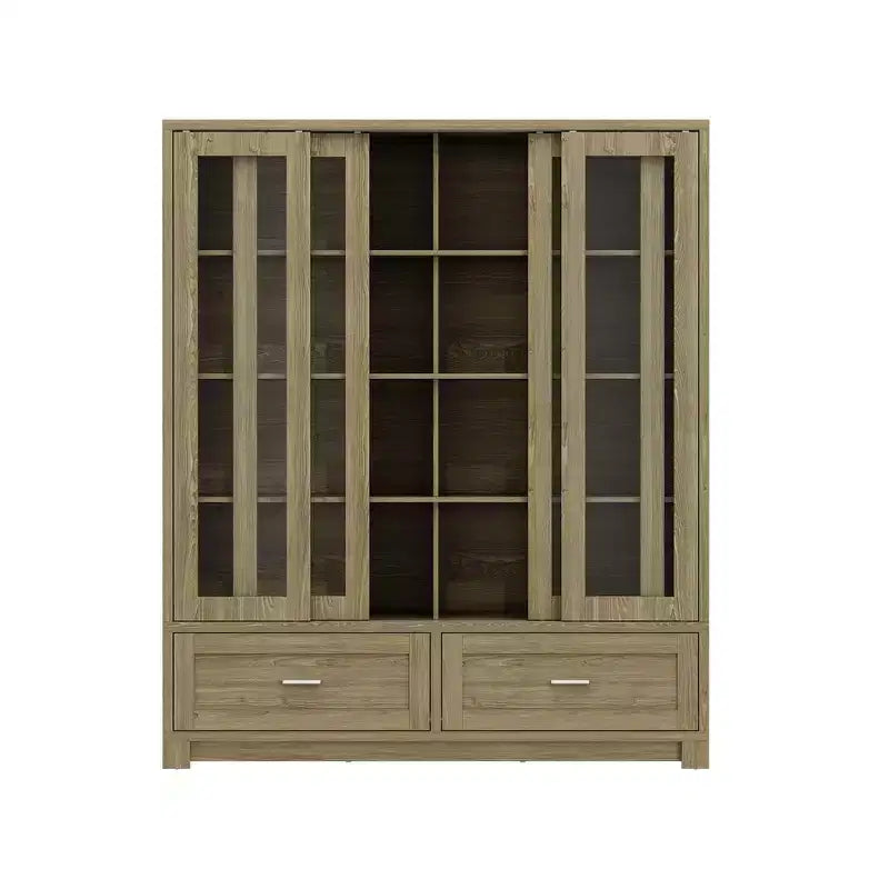 Hitow 63W Gabinete de despensa de cocina rústico de roble con puertas corredizas de vidrio y 2 cajones grandes, alacena alta para comedor
