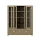 Hitow 63W Gabinete de despensa de cocina rústico de roble con puertas corredizas de vidrio y 2 cajones grandes, alacena alta para comedor