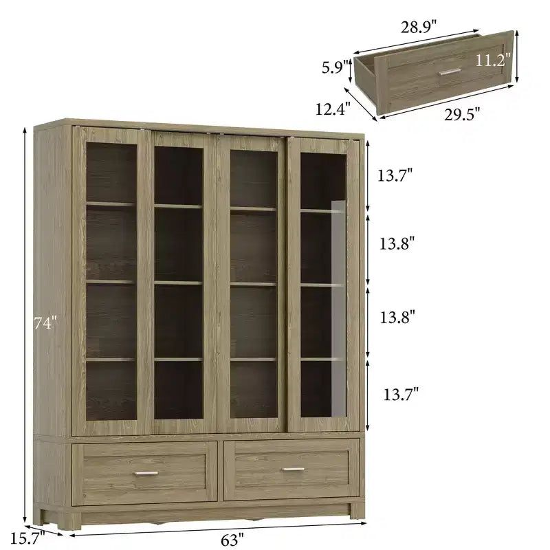 Hitow 63W Gabinete de despensa de cocina rústico de roble con puertas corredizas de vidrio y 2 cajones grandes, alacena alta para comedor