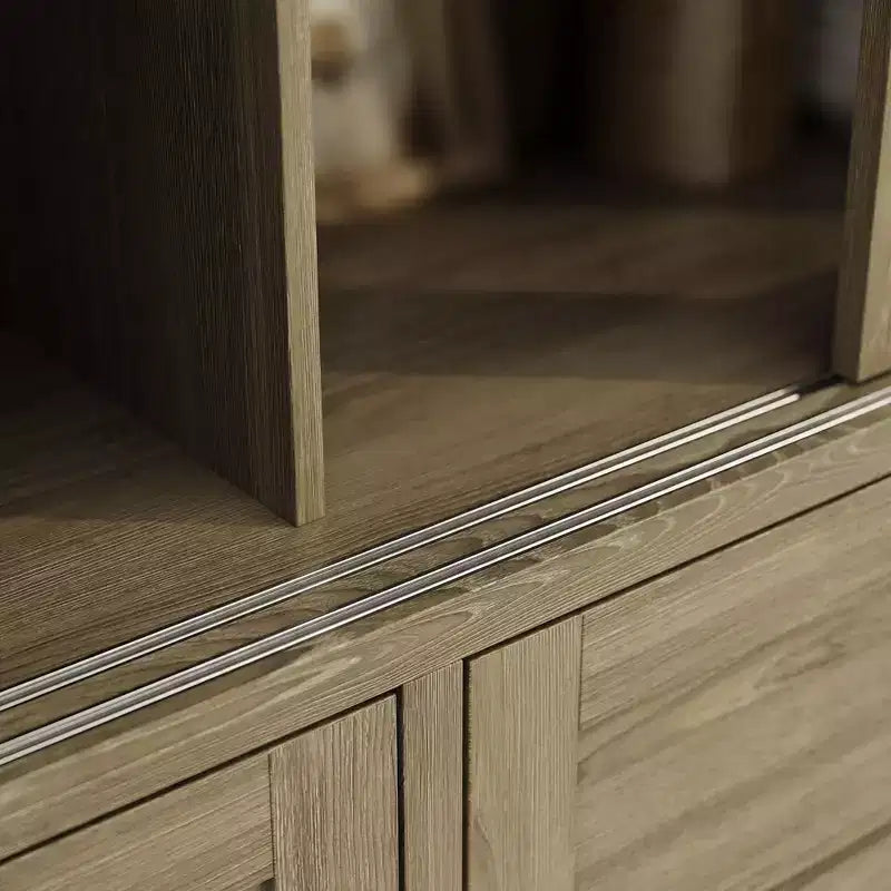 Hitow 63W Gabinete de despensa de cocina rústico de roble con puertas corredizas de vidrio y 2 cajones grandes, alacena alta para comedor