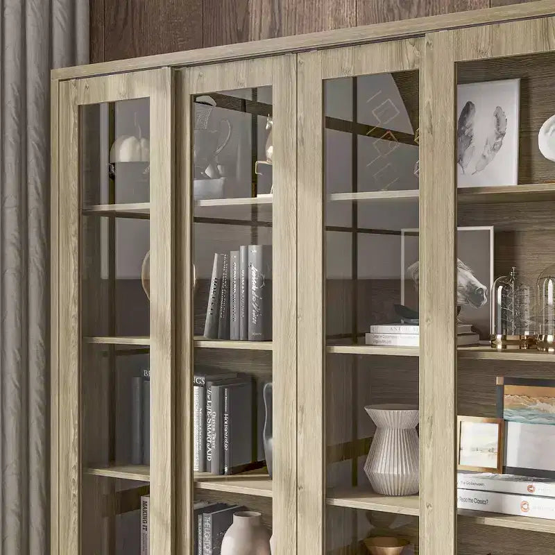 Hitow 63W Gabinete de despensa de cocina rústico de roble con puertas corredizas de vidrio y 2 cajones grandes, alacena alta para comedor