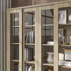 Hitow 63W Gabinete de despensa de cocina rústico de roble con puertas corredizas de vidrio y 2 cajones grandes, alacena alta para comedor