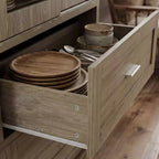Hitow 63W Gabinete de despensa de cocina rústico de roble con puertas corredizas de vidrio y 2 cajones grandes, alacena alta para comedor