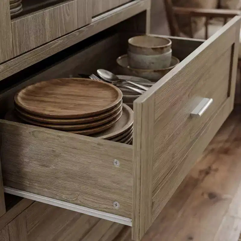 Hitow 63W Gabinete de despensa de cocina rústico de roble con puertas corredizas de vidrio y 2 cajones grandes, alacena alta para comedor