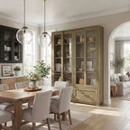 Hitow 63W Gabinete de despensa de cocina rústico de roble con puertas corredizas de vidrio y 2 cajones grandes, alacena alta para comedor