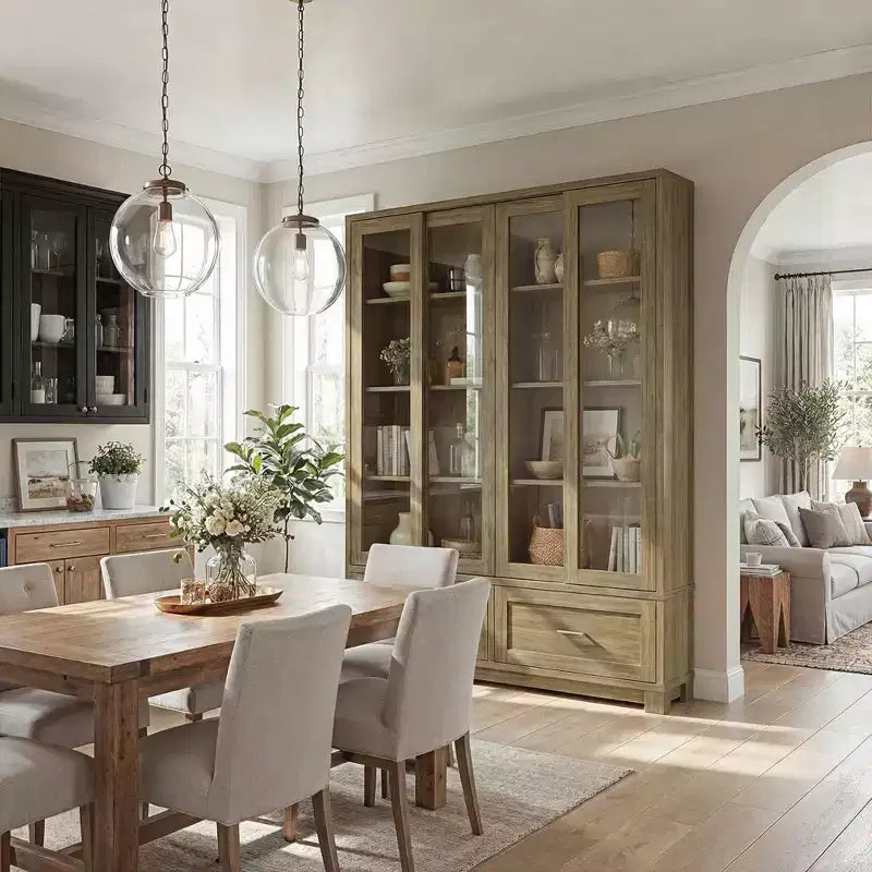 Hitow 63W Gabinete de despensa de cocina rústico de roble con puertas corredizas de vidrio y 2 cajones grandes, alacena alta para comedor