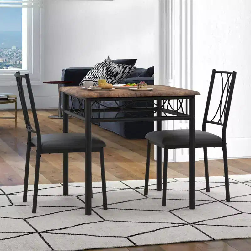 Juego de mesa de comedor de 3 piezas para 2 personas, mesa de cocina de madera industrial y 2 sillas tapizadas de cuero sintético con estructura de metal para espacios pequeños, apartamentos