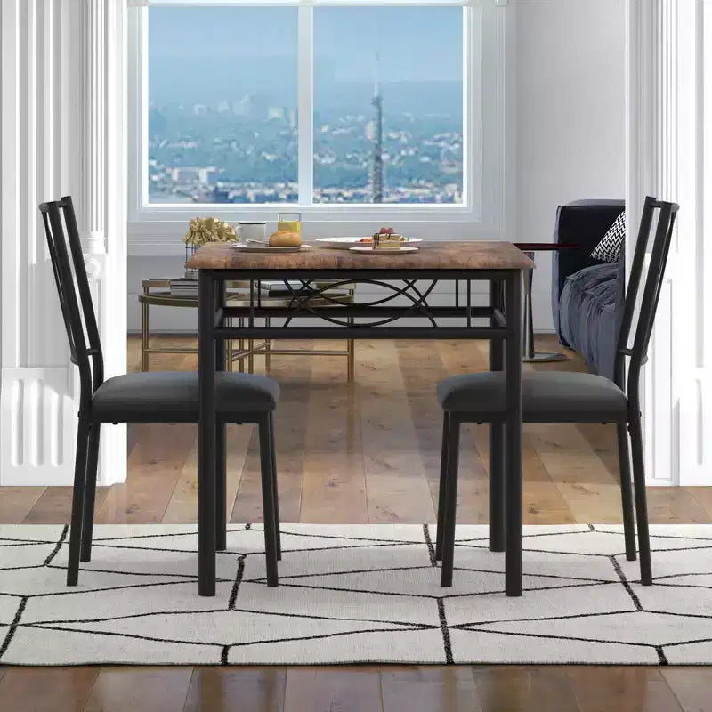 Juego de mesa de comedor de 3 piezas para 2 personas, mesa de cocina de madera industrial y 2 sillas tapizadas de cuero sintético con estructura de metal para espacios pequeños, apartamentos