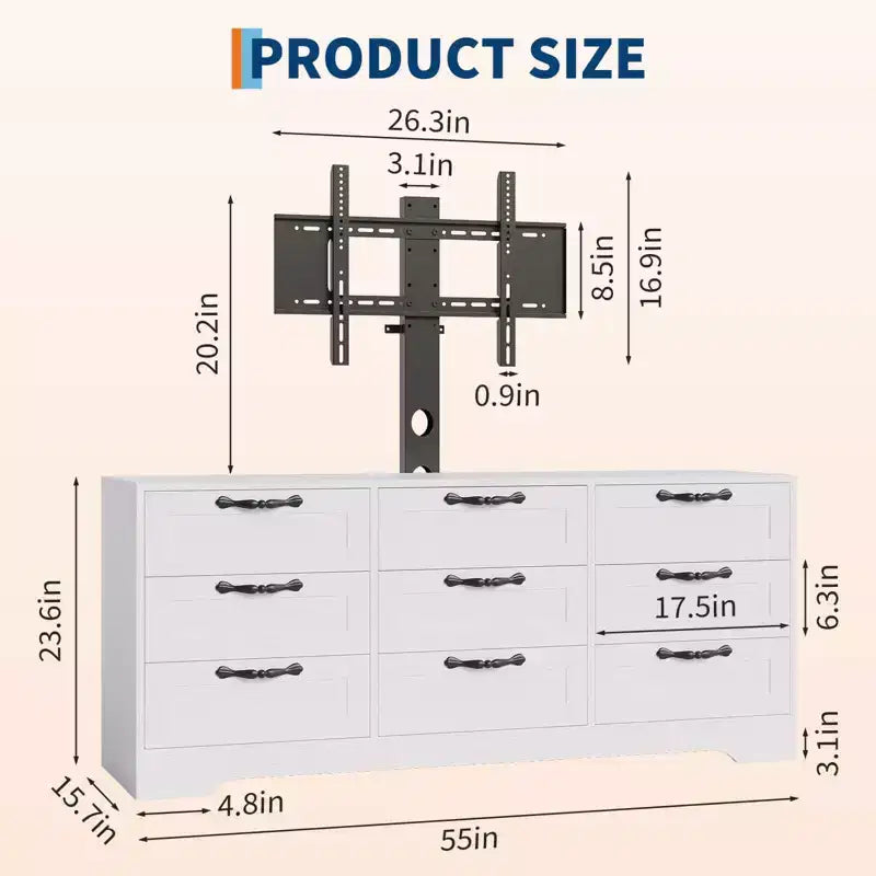 Cómoda de 9 cajones y mueble para TV con soporte para televisores de 32 a 85 pulgadas, centro de entretenimiento moderno con cajones, mesa de consola multimedia para dormitorio y sala de estar