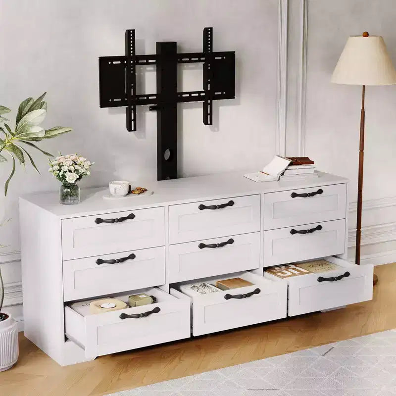 Cómoda de 9 cajones y mueble para TV con soporte para televisores de 32 a 85 pulgadas, centro de entretenimiento moderno con cajones, mesa de consola multimedia para dormitorio y sala de estar