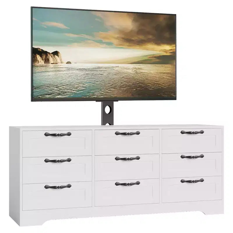 Cómoda de 9 cajones y mueble para TV con soporte para televisores de 32 a 85 pulgadas, centro de entretenimiento moderno con cajones, mesa de consola multimedia para dormitorio y sala de estar