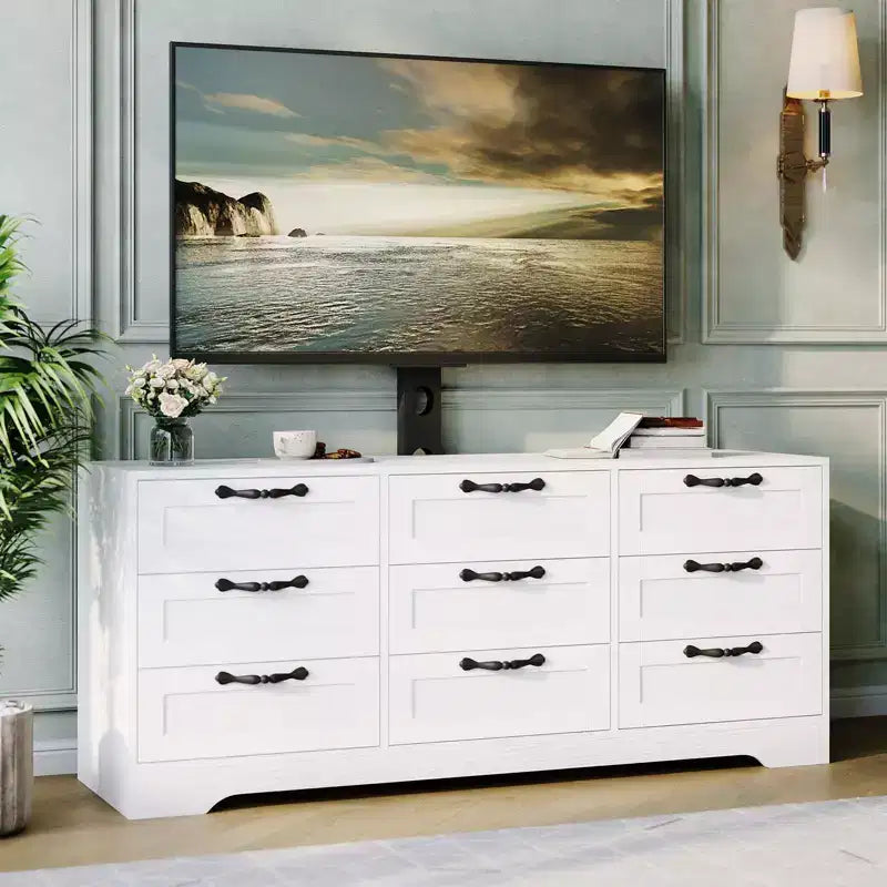 Cómoda de 9 cajones y mueble para TV con soporte para televisores de 32 a 85 pulgadas, centro de entretenimiento moderno con cajones, mesa de consola multimedia para dormitorio y sala de estar