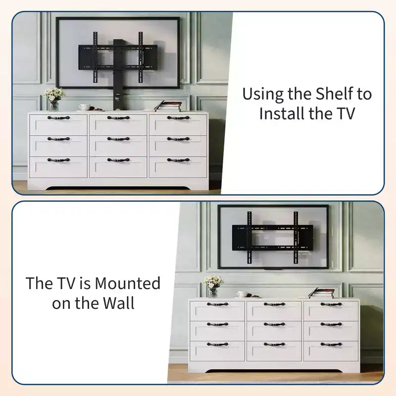 Cómoda de 9 cajones y mueble para TV con soporte para televisores de 32 a 85 pulgadas, centro de entretenimiento moderno con cajones, mesa de consola multimedia para dormitorio y sala de estar