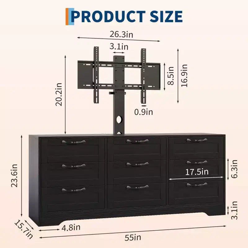 Cómoda de 9 cajones y mueble para TV con soporte para televisores de 32 a 85 pulgadas, centro de entretenimiento moderno con cajones, mesa de consola multimedia para dormitorio y sala de estar
