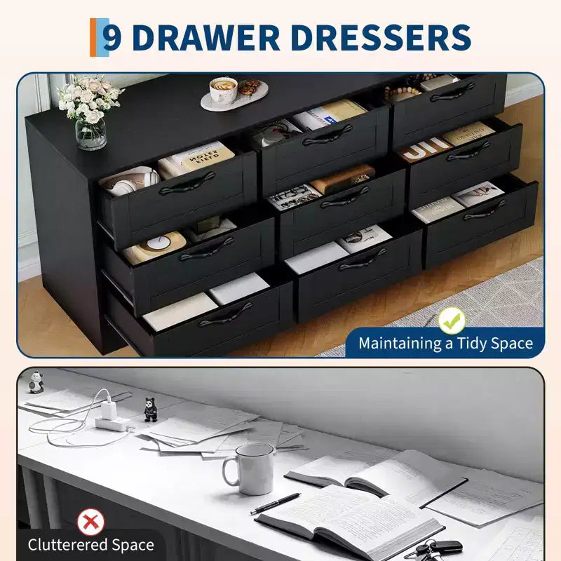 Cómoda de 9 cajones y mueble para TV con soporte para televisores de 32 a 85 pulgadas, centro de entretenimiento moderno con cajones, mesa de consola multimedia para dormitorio y sala de estar