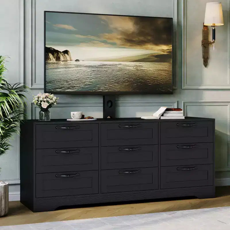Cómoda de 9 cajones y mueble para TV con soporte para televisores de 32 a 85 pulgadas, centro de entretenimiento moderno con cajones, mesa de consola multimedia para dormitorio y sala de estar