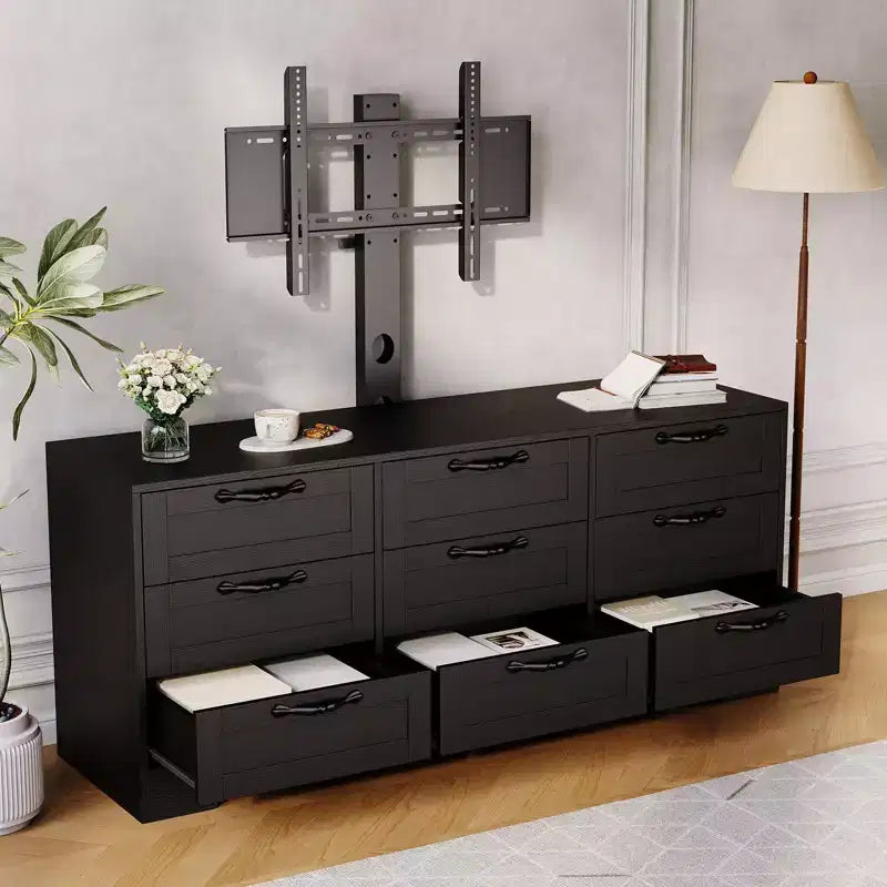 Cómoda de 9 cajones y mueble para TV con soporte para televisores de 32 a 85 pulgadas, centro de entretenimiento moderno con cajones, mesa de consola multimedia para dormitorio y sala de estar