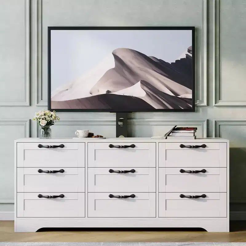Cómoda de 9 cajones y mueble para TV con soporte para televisores de 32 a 85 pulgadas, centro de entretenimiento moderno con cajones, mesa de consola multimedia para dormitorio y sala de estar