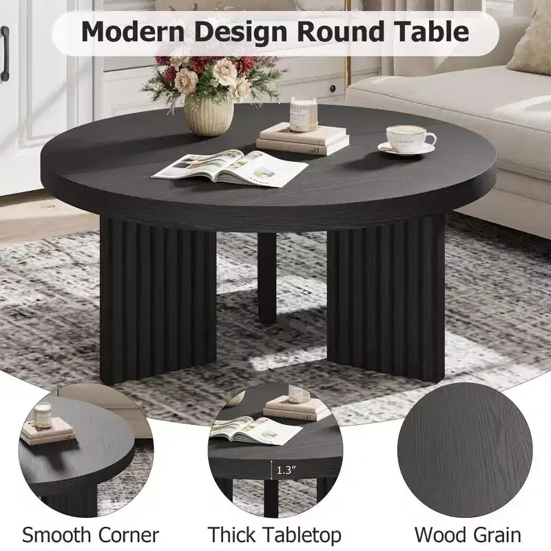COZONY Mesa de centro redonda pequeña de 33.4 pulgadas con patas estriadas gruesas, mesa auxiliar para sala de estar o dormitorio, fácil montaje