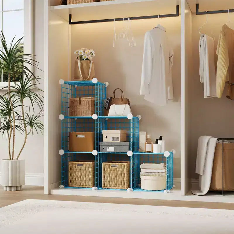 Organizador de almacenamiento de rejilla de alambre modular de 6 cubos, cubos de estanterías metálicas para armarios, armario de almacenamiento abierto para la entrada, dormitorio, sala de estar, oficina