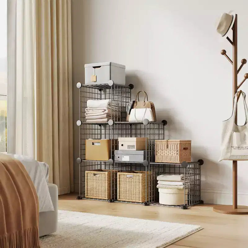 Organizador de almacenamiento de rejilla de alambre modular de 6 cubos, cubos de estanterías metálicas para armarios, armario de almacenamiento abierto para la entrada, dormitorio, sala de estar, oficina