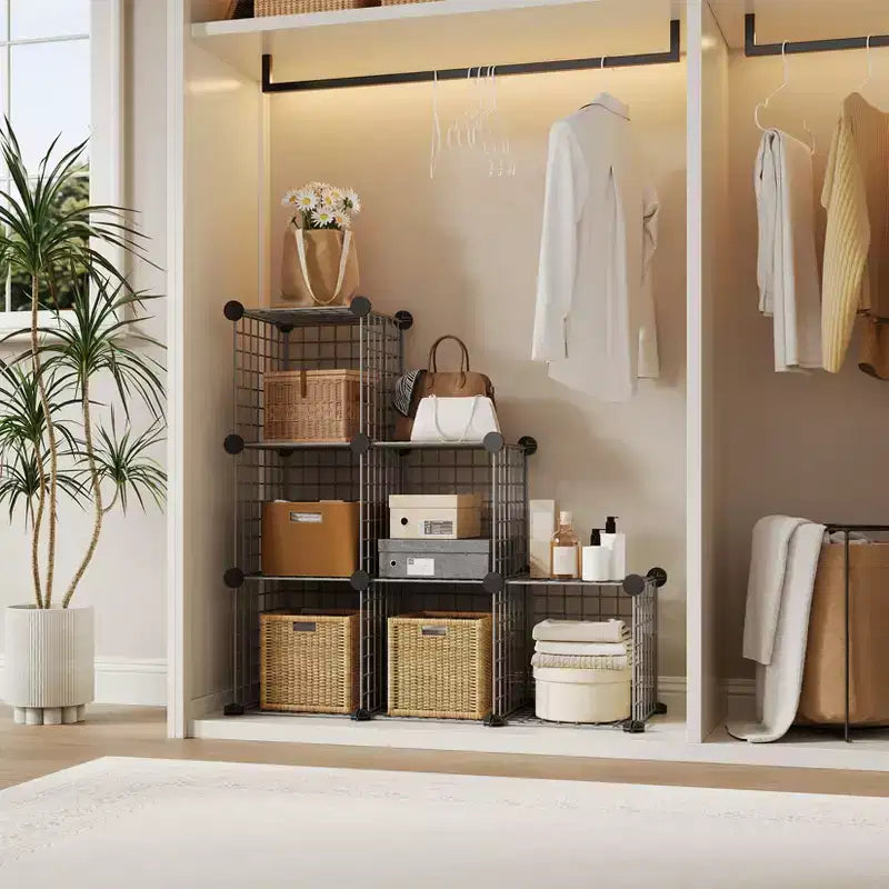 Organizador de almacenamiento de rejilla de alambre modular de 6 cubos, cubos de estanterías metálicas para armarios, armario de almacenamiento abierto para la entrada, dormitorio, sala de estar, oficina
