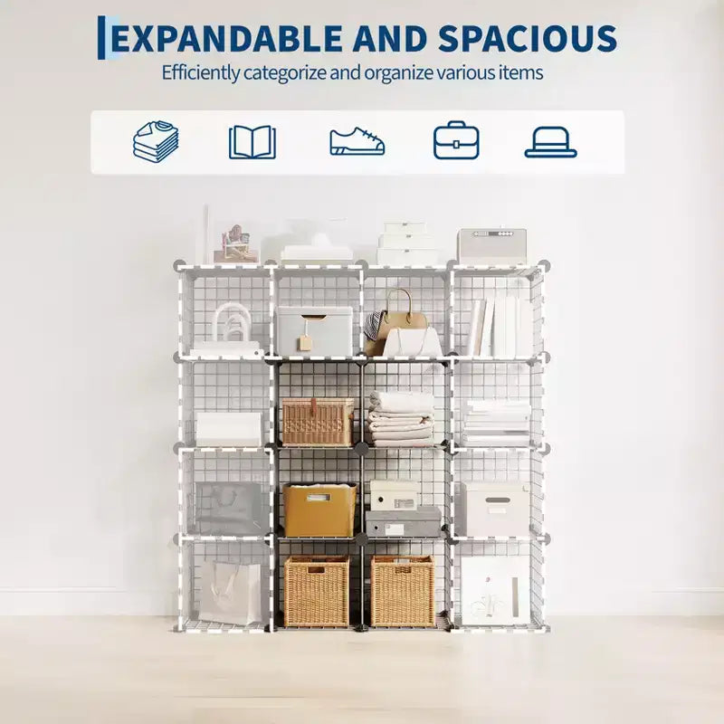 Organizador de almacenamiento de rejilla de alambre modular de 6 cubos, cubos de estanterías metálicas para armarios, armario de almacenamiento abierto para la entrada, dormitorio, sala de estar, oficina
