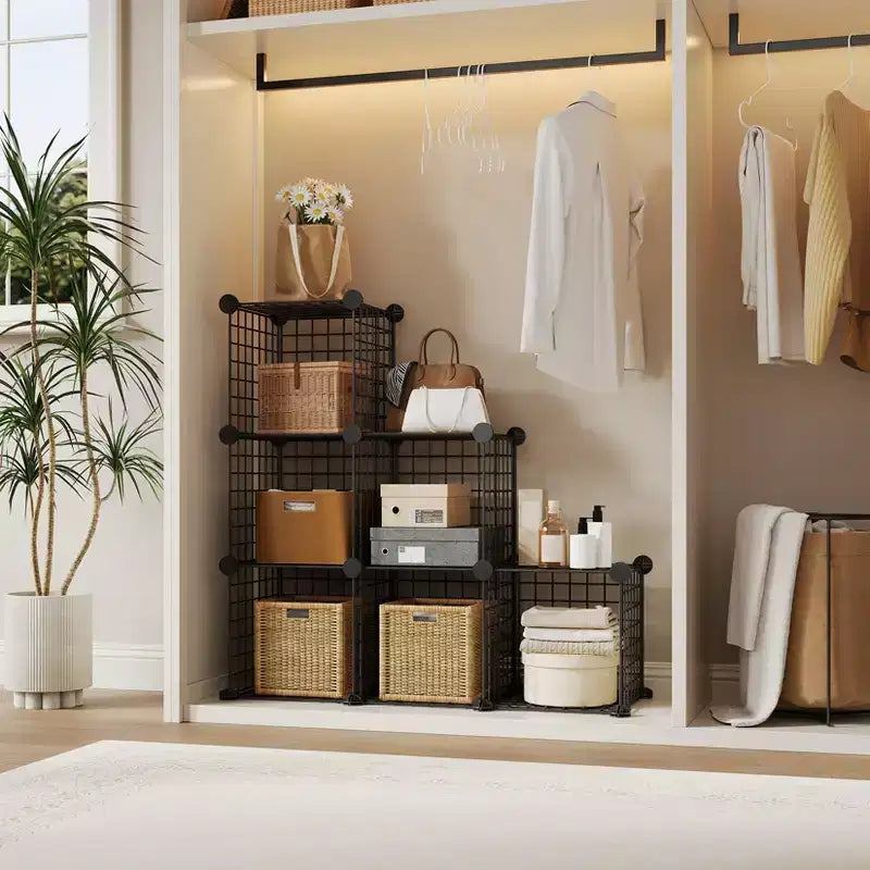 Organizador de almacenamiento de rejilla de alambre modular de 6 cubos, cubos de estanterías metálicas para armarios, armario de almacenamiento abierto para la entrada, dormitorio, sala de estar, oficina