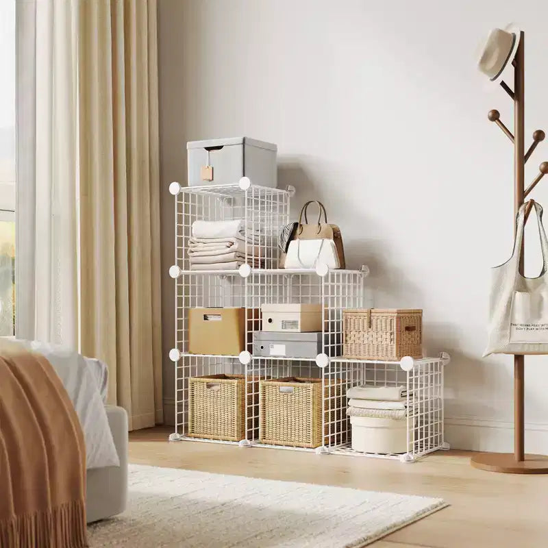 Organizador de almacenamiento de rejilla de alambre modular de 6 cubos, cubos de estanterías metálicas para armarios, armario de almacenamiento abierto para la entrada, dormitorio, sala de estar, oficina
