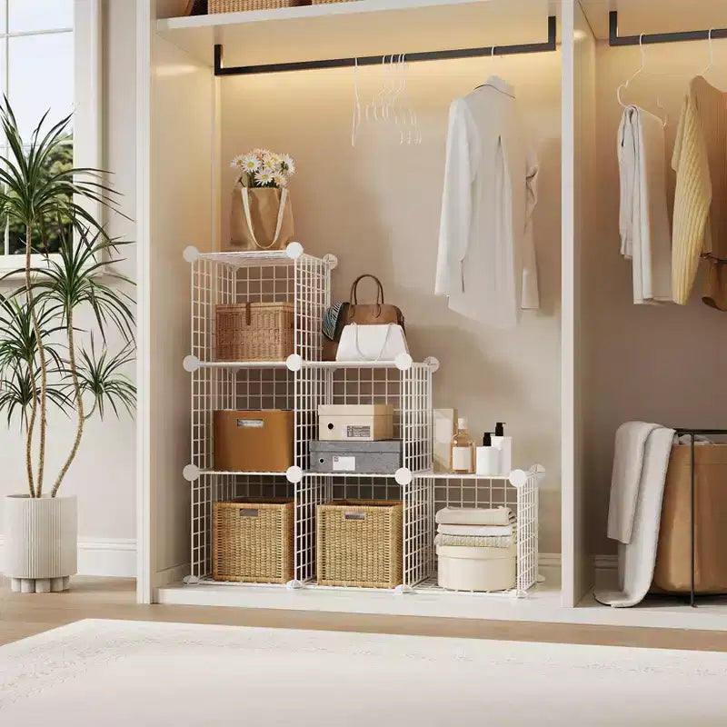 Organizador de almacenamiento de rejilla de alambre modular de 6 cubos, cubos de estanterías metálicas para armarios, armario de almacenamiento abierto para la entrada, dormitorio, sala de estar, oficina