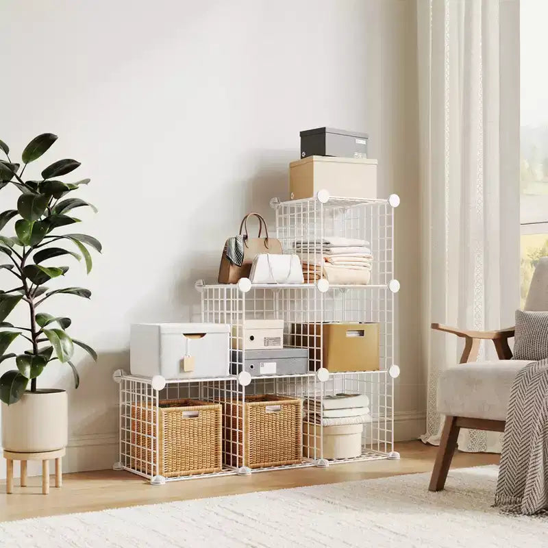 Organizador de almacenamiento de rejilla de alambre modular de 6 cubos, cubos de estanterías metálicas para armarios, armario de almacenamiento abierto para la entrada, dormitorio, sala de estar, oficina