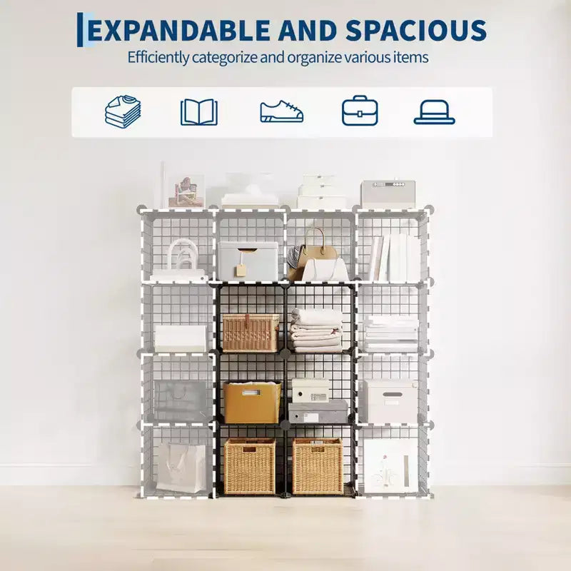Organizador de almacenamiento de rejilla de alambre modular de 6 cubos, cubos de estanterías metálicas para armarios, armario de almacenamiento abierto para la entrada, dormitorio, sala de estar, oficina
