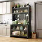 Estantería de cocina alta de 65 pulgadas con armario de puerta abatible, soporte para microondas de 5 niveles, barra de café, gris