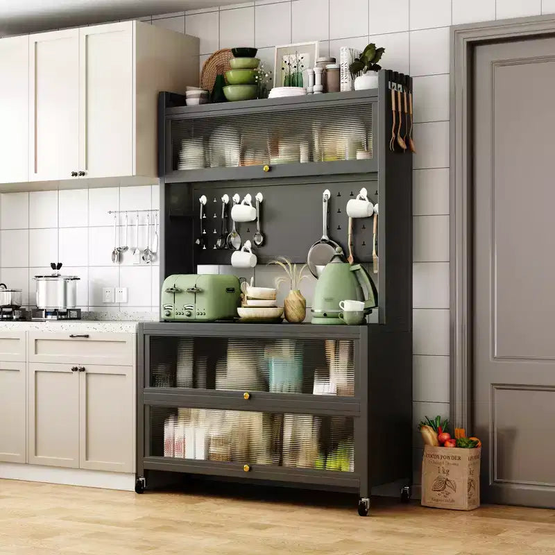 Estantería de cocina alta de 65 pulgadas con armario de puerta abatible, soporte para microondas de 5 niveles, barra de café, gris