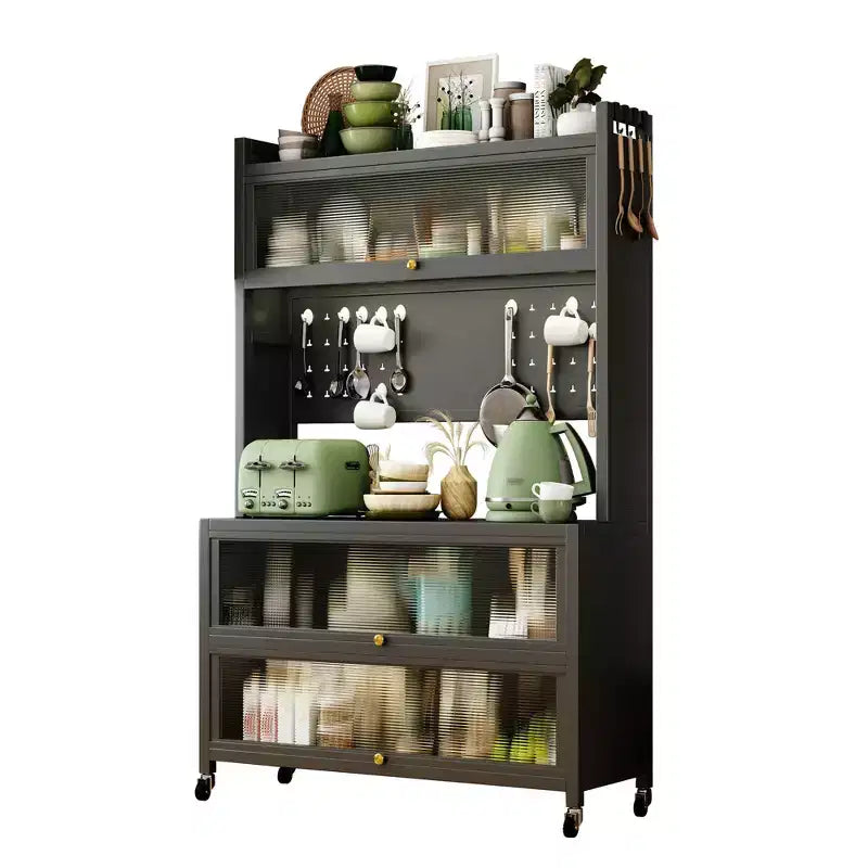 Estantería de cocina alta de 65 pulgadas con armario de puerta abatible, soporte para microondas de 5 niveles, barra de café, gris