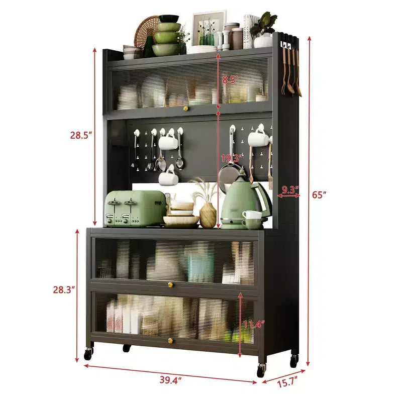 Estantería de cocina alta de 65 pulgadas con armario de puerta abatible, soporte para microondas de 5 niveles, barra de café, gris